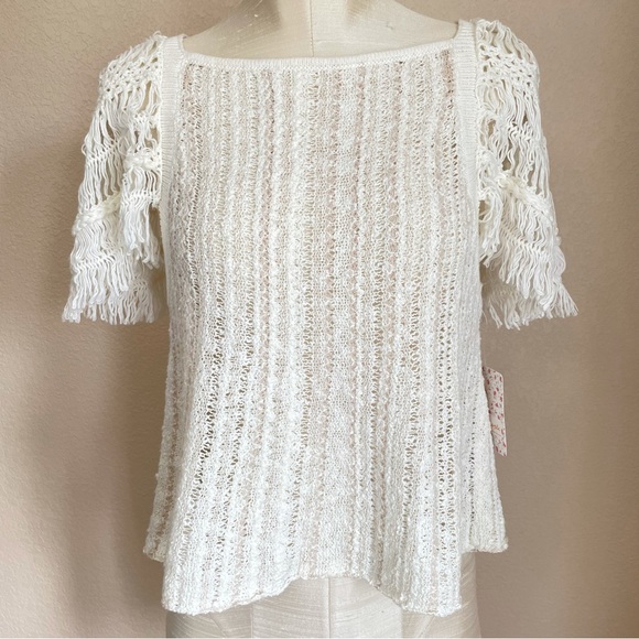 Free People Blackbird Macrame Open Knit Boho Blouse Ivory Combo XS NWT - Picture 4 of 11
